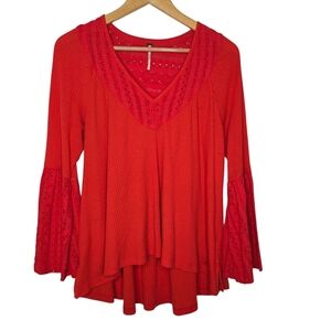 Free People Womens Red Parisian Knights Eyelet Flared Sleeve Boho Blouse Small